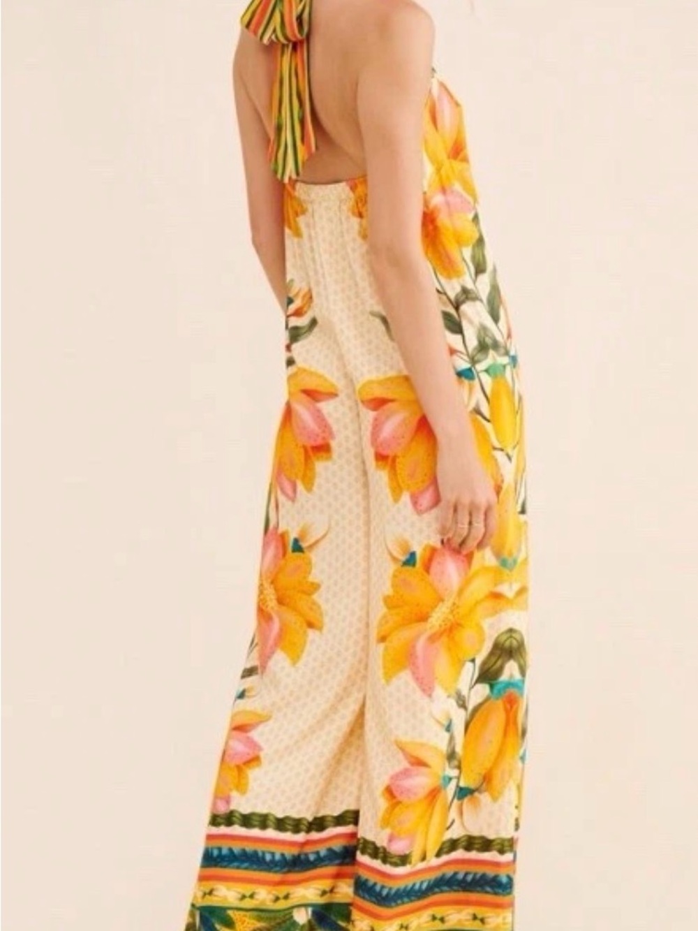 FARM Rio Cream Halter Jumpsuit with Yellow & Pink Floral Print
